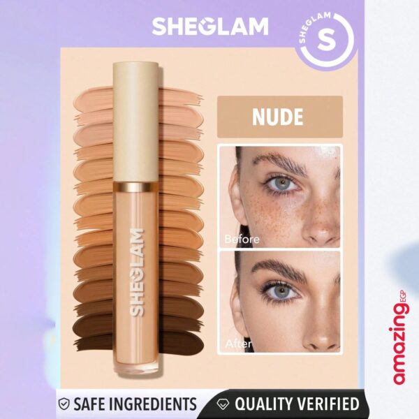 SHEGLAM كريم أساس عالي التغطية ، الكونسيلر السائل غير اللامع تصحيحًا للون يدوم طويلًا ويزيد من إشراقته وترطيبًا خفيفًا طوال اليوم يدوم طويلا لتغطية البقع الداكنة والهالات تحت العين - NUDE