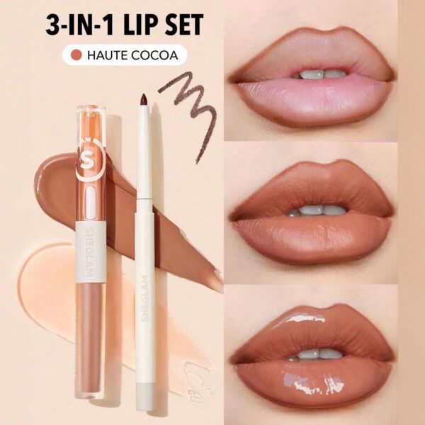 SHEGLAM طقم محدد شفاه وأحمر شفاه - طقم شفاه Haute Cocoa Lip Set أحمر شفاه لامع يدوم طويلاً احمر شفاه شيجلام ، غني بفيتامين E، مقاوم للماء والتلطخ 3 فى 1 - Haute Cocoa