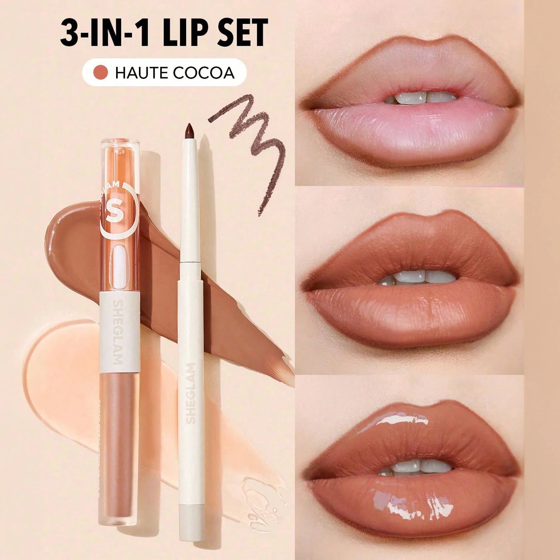SHEGLAM طقم محدد شفاه وأحمر شفاه - طقم شفاه Haute Cocoa Lip Set أحمر شفاه لامع يدوم طويلاً احمر شفاه شيجلام ، غني بفيتامين E، مقاوم للماء والتلطخ 3 فى 1 - Haute Cocoa