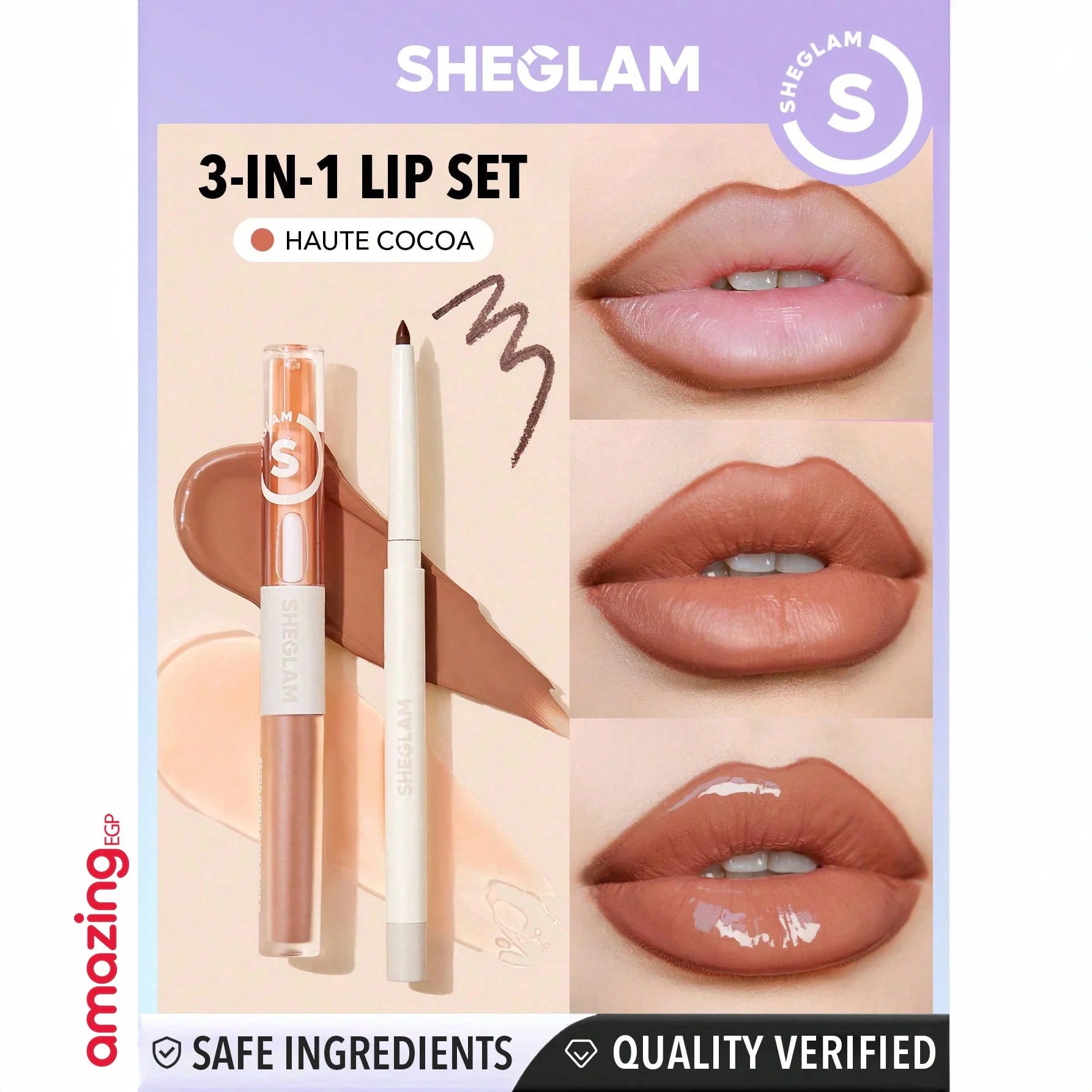 SHEGLAM طقم محدد شفاه وأحمر شفاه - طقم شفاه Haute Cocoa Lip Set أحمر شفاه لامع يدوم طويلاً احمر شفاه شيجلام ، غني بفيتامين E، مقاوم للماء والتلطخ 3 فى 1 - Haute Cocoa