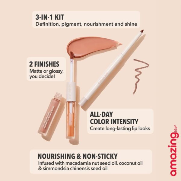 SHEGLAM طقم محدد شفاه وأحمر شفاه - طقم شفاه Haute Cocoa Lip Set أحمر شفاه لامع يدوم طويلاً احمر شفاه شيجلام ، غني بفيتامين E، مقاوم للماء والتلطخ 3 فى 1 - Haute Cocoa