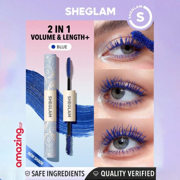 SHEGLAM ماسكارا All-In-One ماسكارا مقاومة للماء بلون برغندي، تضيف كثافة وطول للرموش، مقاومة للتلطخ والتقشير، مثالية للعيد، الشتاء، السفر والمكياج اليومي - Waterproof Blue