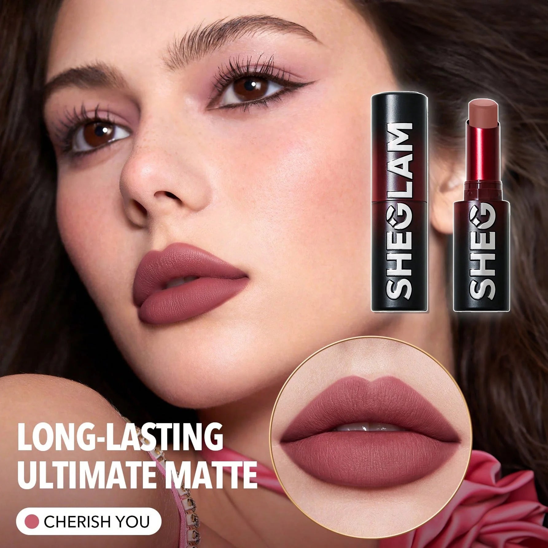 SHEGLAM أحمر شفاه غير لامع يدوم طويلاً - إصدار Dynamatte Boom (Ember Rose)، مثالي للحفلات والمناسبات الشتوية والسفر. لون وردي عصري يناسب مجموعة - Cherish You