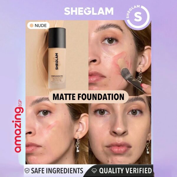 SHEGLAM أساس سائل مات طويل الأمد، يتحكم بالزيوت ويخفي المسام، مقاوم للماء والعرق، خفيف ويدوم طويلاً مع حماية من الشمس، مناسب للبشرة الفاتحة - NUDE لون بشرة