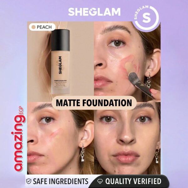 SHEGLAM أساس سائل مات طويل الأمد، يتحكم بالزيوت ويخفي المسام، مقاوم للماء والعرق، خفيف ويدوم طويلاً مع حماية من الشمس، مناسب للبشرة الفاتحة - PEACH القرنفلي