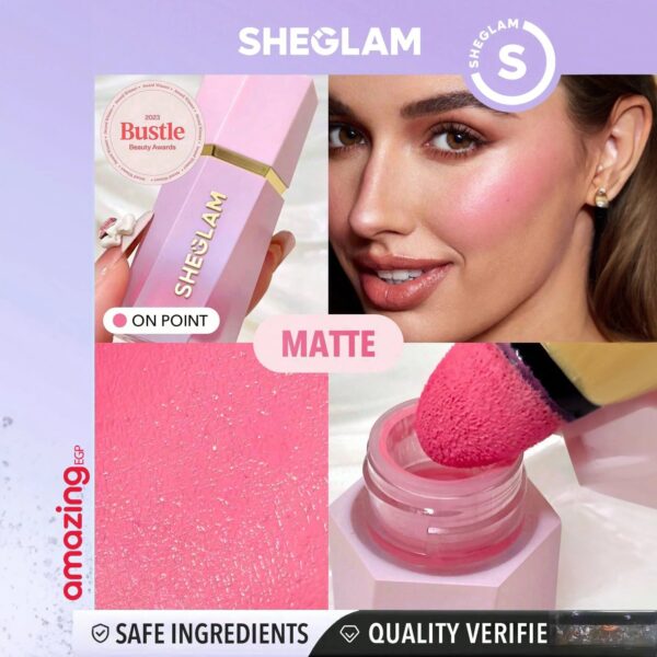 SHEGLAM بلشر سائل للخدين، خفيف الوزن، يدوم طويلا، مقاوم للتلطخ، مظهر طبيعي، أحمر الخدود السائل كولور بلوم، لمسة نهائية ندية أحمر خدود سائل - On Point