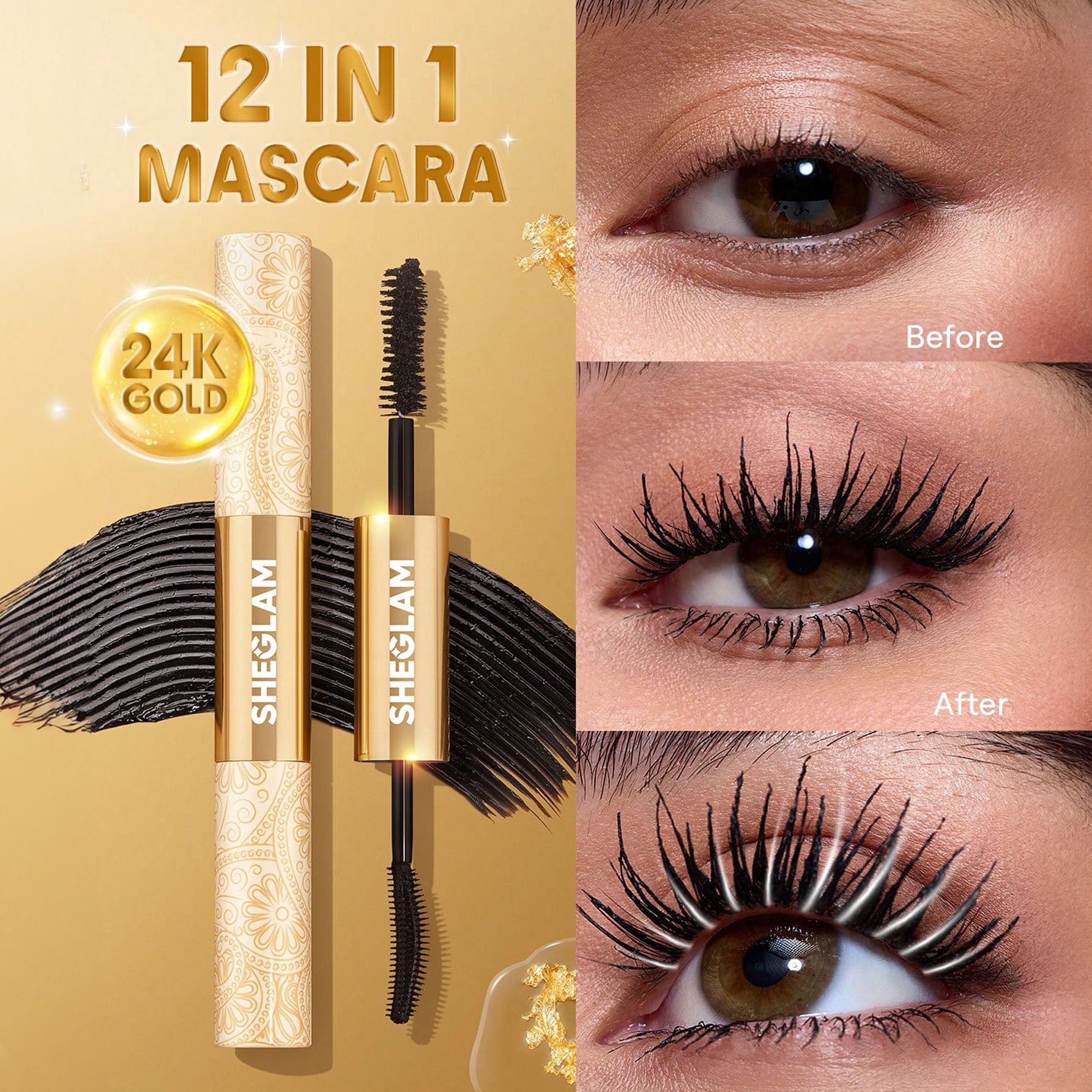 SHEGLAM ماسكارا متعددة التأثيرات 24K ماسكارا مقاومة للماء لون سحر أجواء ، تضيف كثافة وطول للرموش، مقاومة للتلطخ والتقشير، مثالية للعيد، الشتاء، السفر والمكياج اليومي - Waterproof 24K