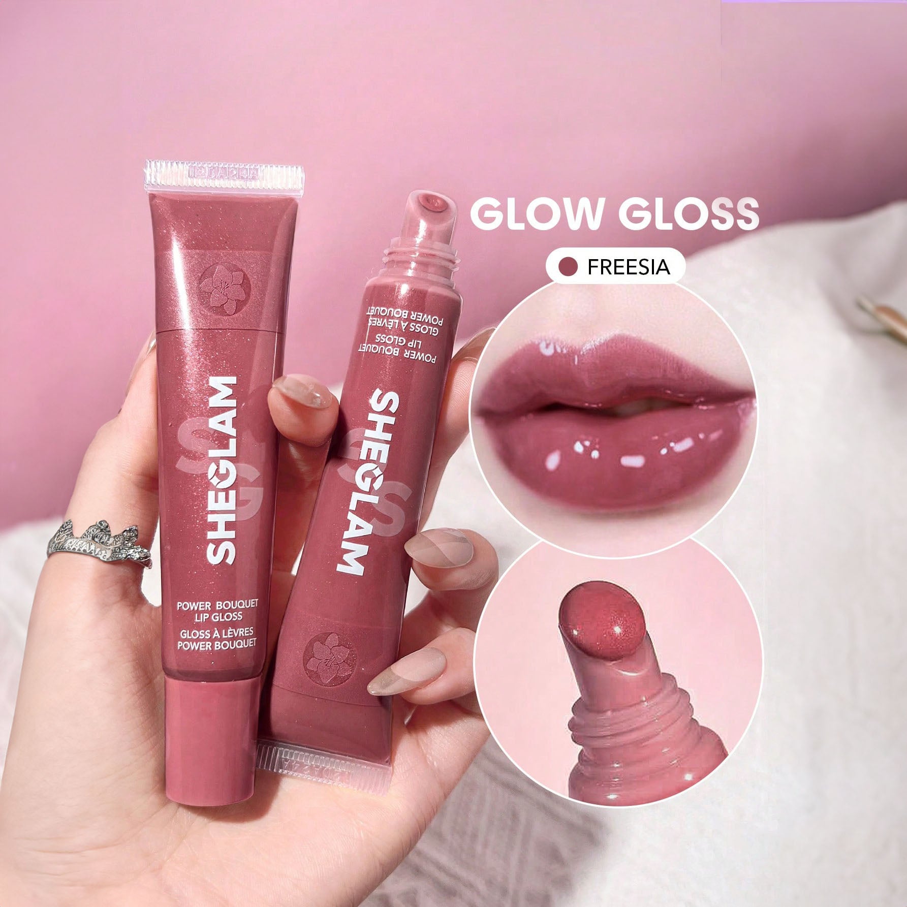 SHEGLAM ملمع شفاه Power Bouquet لامع مثالي وممتلئ بلون بنفسجي لامع ومرطب وممتلئ ومصل شفاه مغذي وممتلئ غير لاصق وأحمر شفاه بزيت جوز الهند ومستحضرات تجميل الشفاه ومغذي يدوم طويلا | Freesia