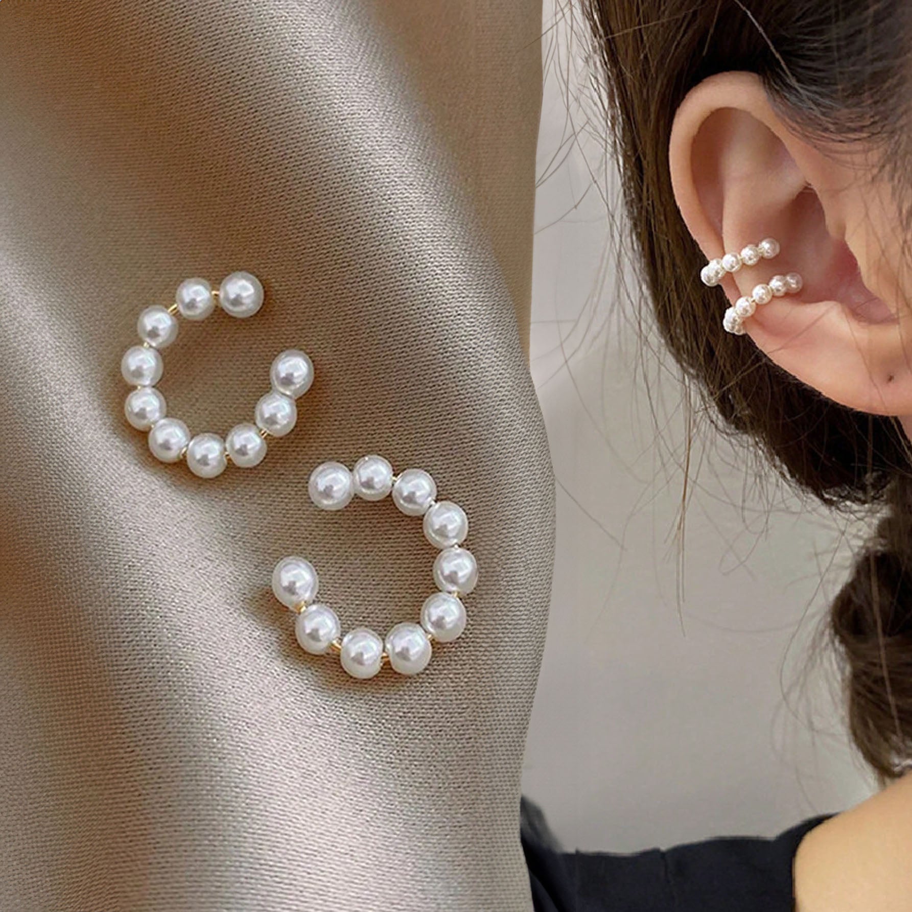 زوج من أقراط وصل الأذن المزيفة بالخرز بدون ثقب ذهبية على شكل حرف C للنساء المقاوم للصدأ لا تسبب الحساسية أقراط متدلية فاخرة مرصعة بالزركونات للنساء