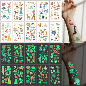 ملصقات وشم مؤقتة مضيئة (ديناصورات كرتونية) – مجموعة 10 كروت منوعة لكل ورقة