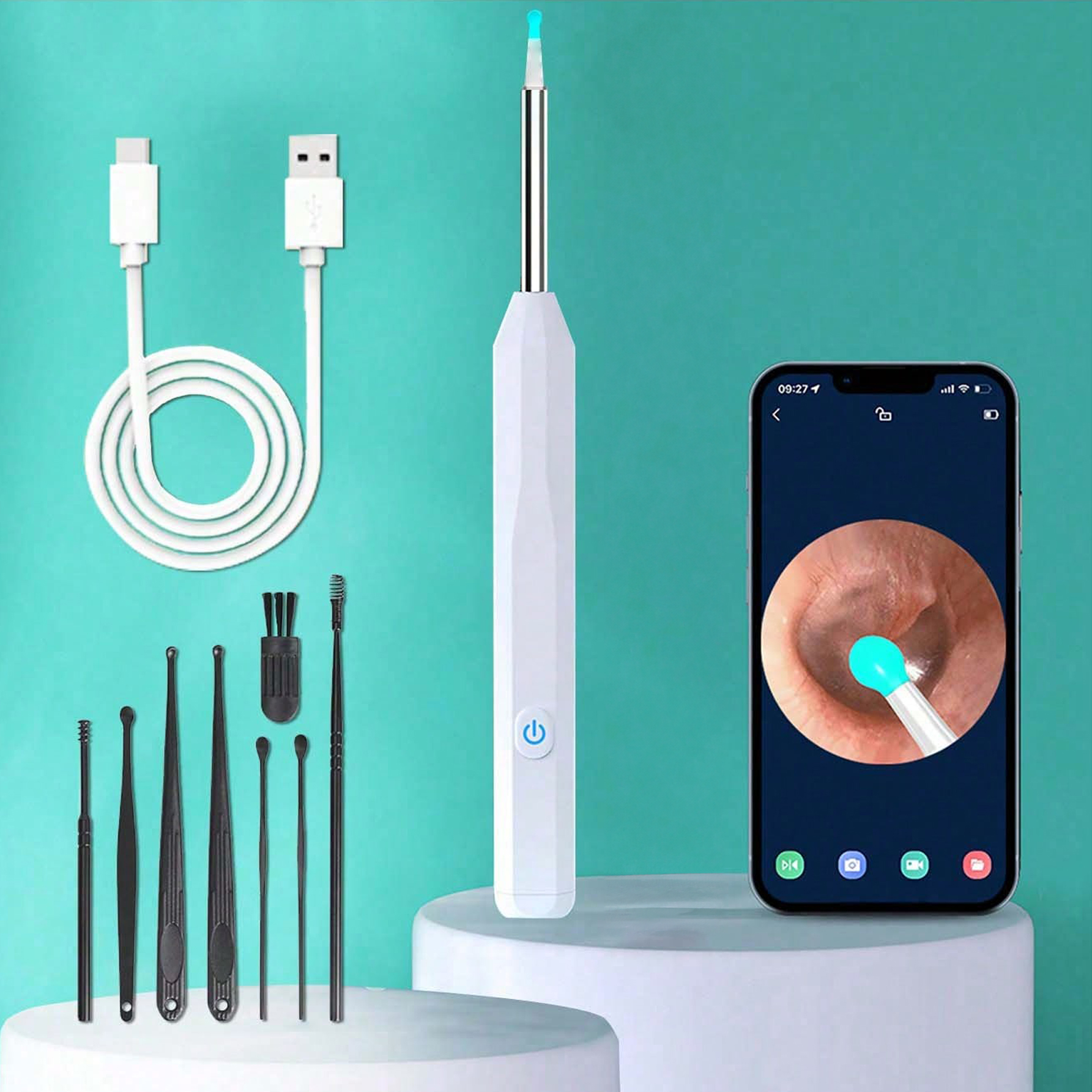 اداة ازالة شمع الاذن - منظف اذن مع كاميرا ودعامة، مجموعة ازالة شمع الاذن البصرية الذكية مع ملعقة اذن خفيفة، مجموعة من 8 قطع لتنظيف الاذن اليومية، منظف شمع الاذن لنظامي iOS واندرويد - أبيض