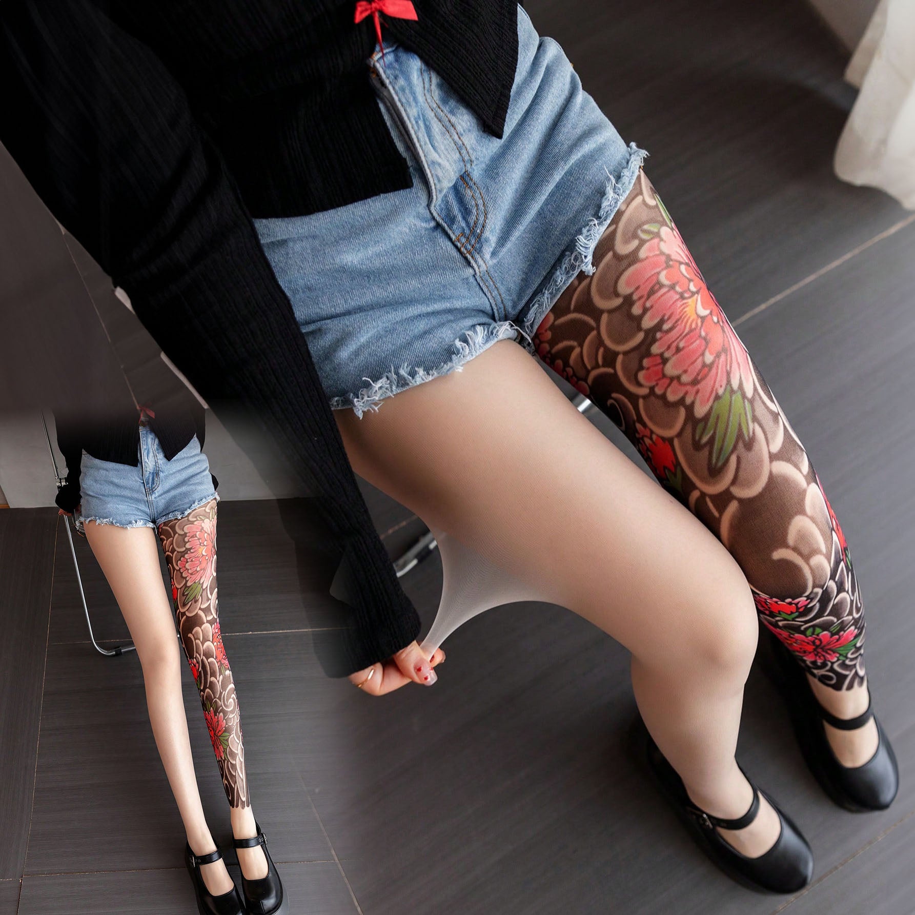 زوج جوارب مطبوعة بنقوش وشم – شبكي شِبه شفاف بخامة مرِنة وخصر دانتيل أسود - زهور كبيرة | مقاس واحد